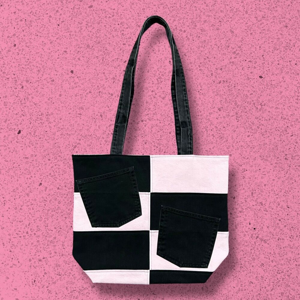 Handmade Bag Patchwork Denim Black Pink Vintage Recycled 12.5x6x15.5